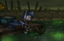 Size: 2300x1500 | Tagged: safe, artist:molars, derpibooru import, oc, oc only, oc:sascha, bat pony, fish, fallout equestria, algie, apocalypse, armor, ashes town, clothes, complex background, cooler, deck, dock, fangs, fence, fishing, fishing rod, full body, glowing, glowing water, jacket, lake, leather, leather jacket, outdoors, pier, radioactive, shadow, tail, teeth, wasteland, water, wires