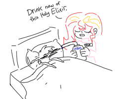 Size: 936x744 | Tagged: safe, artist:tjpones, derpibooru import, sunset shimmer, oc, oc:tjpones, earth pony, human, pony, equestria girls, g4, bed, dialogue, duo, duo male and female, eyes closed, female, human and pony, in bed, male, name tag, nurse outfit, nyquil, sick, stallion