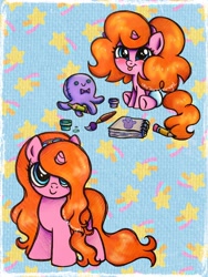 Size: 2250x3000 | Tagged: safe, artist:dariarchangel, derpibooru import, oc, oc only, oc:dazha, octopus, pony, unicorn, g4, :p, adorable face, baby, baby pony, blue eyes, blushing, button eyes, c:, cute, cute face, cute smile, daaaaaaaaaaaw, drawing, female, female oc, filly, filly oc, foal, gouache, hairband, horn, long hair, long mane, long tail, looking up, mare oc, ocbetes, orange hair, orange mane, orange tail, paintbrush, passepartout, patterned background, pencil, pink coat, plushie, pony oc, puffy hair, puffy mane, puffy tail, sitting, sketchbook, small horn, smiling, smol, solo, tail, tongue, tongue out, too cute, traditional art, very long hair, weapons-grade cute, younger