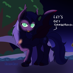 Size: 2997x2997 | Tagged: safe, artist:cookie-ruby, derpibooru import, oc, oc only, oc:starfall nightwing, bat pony, bat pony oc, ear tufts, fangs, open mouth, outdoors, ponysona, solo, spread wings, unshorn fetlocks, wings