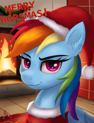 Size: 1248x1632 | Tagged: safe, artist:raritymylove, derpibooru import, rainbow dash, pegasus, pony, g4, bust, christmas, fire, fireplace, hat, holiday, indoors, looking at you, portrait, santa hat, solo, text