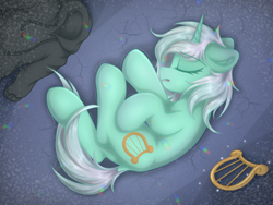 Size: 1476x1107 | Tagged: safe, artist:門久, derpibooru import, lyra heartstrings, pony, unicorn, fanfic:background pony, g4, clothes, dig the swell hoodie, dock, eyes closed, female, hoodie, horn, implied death, lying down, lyre, musical instrument, on side, solo, tail