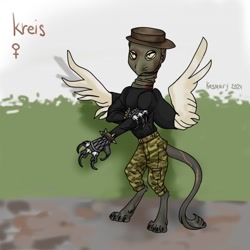 Size: 1200x1200 | Tagged: safe, artist:rasmary, derpibooru import, oc, oc only, oc:kreis, griffon, fallout equestria, g4, balaclava, blood, brass knuckles, camouflage, claws, clothes, dark skin, dirt, female, feral, hat, knee pads, light skin, long tail, mask, metal, my little pony: friendship is magic, paws, raider, scar, solo, standing, sweater, tail, thorn, turtleneck, wings