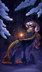 Size: 2500x4268 | Tagged: safe, artist:jsunlight, derpibooru import, oc, pony, unicorn, horn, mouth hold, night, outdoors, snow, solo, sparkler (firework)