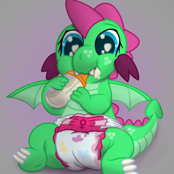 Size: 3150x3150 | Tagged: safe, artist:sweetielover, derpibooru import, oc, oc only, oc:goldigony, dragon, g4, baby bottle, big eyes, diaper, diaper fetish, dragoness, drink, drinking, female, fetish, high res, holding, milk, poofy diaper, smiling, solo, spread wings, wings