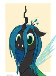 Size: 1340x1833 | Tagged: safe, artist:migesanwu, derpibooru exclusive, derpibooru import, queen chrysalis, changeling, changeling queen, g4, cute, female, horn, looking at you, passepartout, signature, solo, spread wings, teeth, wings