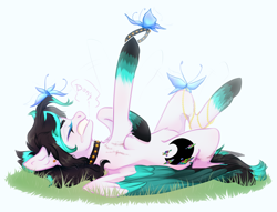 Size: 4060x3102 | Tagged: safe, artist:dreamyrat, derpibooru import, oc, oc only, butterfly, pegasus, pony, accessory, belly, black mane, blue mane, bracelet, butt, choker, collar, colored wings, dialogue, female, hoof on belly, jewelry, lying down, mare, open mouth, pegasus oc, piercing, plot, simple background, sleeping, solo, tail, two toned mane, two toned tail, two toned wings, white background, wings