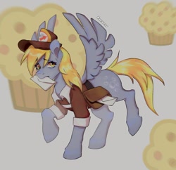 Size: 1518x1467 | Tagged: safe, artist:kaeweor, derpibooru import, derpy hooves, pegasus, pony, g4, bag, derp, female, food, letter, mailbag, mailmare, mare, mouth hold, muffin, signature, solo, spread wings, wings