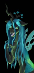 Size: 540x1150 | Tagged: safe, artist:kaeweor, derpibooru import, queen chrysalis, changeling, changeling queen, g4, black background, bust, fangs, female, hoof on chest, open mouth, open smile, portrait, simple background, smiling, solo