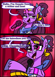 Size: 1240x1754 | Tagged: safe, artist:jully-park, derpibooru import, oc, oc only, oc:connie connor, pony, unicorn, comic:how i meet my chaotic friends, comic, horn, magic, microphone