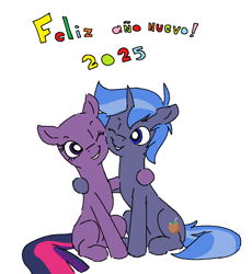 Size: 1001x1090 | Tagged: safe, artist:mileslancer, derpibooru import, oc, oc:twilight sparkle halfway there, oc:twinkleshine, unicorn, female, happy new year 2025, horn, male, mare, simple background, sitting, stallion