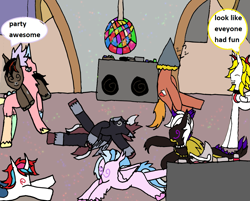 Size: 1255x1008 | Tagged: safe, artist:ask-luciavampire, derpibooru import, silverstream, oc, oc:lucia nightblood, oc:nox lunarwing, oc:prince solar eclipse, oc:terra, alicorn, earth pony, griffon, hippogriff, pegasus, pony, undead, vampire, vampony, g4, after party, dizzy, hangover, happy new year, holiday, indoors, new year 2025, swirly eyes, tumblr, tumblr:ask-luciavampire