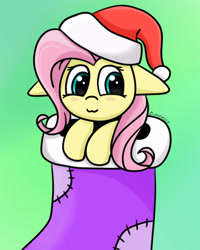 Size: 4000x5000 | Tagged: safe, artist:cloudmild, derpibooru import, fluttershy, pegasus, pony, g4, christmas, christmas stocking, clothes, cute, ears, female, floppy ears, gradient background, hat, holiday, mare, santa hat, shyabetes, solo, tiny, tiny ponies