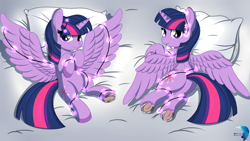 Size: 3840x2160 | Tagged: safe, artist:0ceanphoenix, derpibooru import, twilight sparkle, twilight sparkle (alicorn), alicorn, pony, g4, body pillow, body pillow design, butt, christmas, christmas lights, cute, duality, female, frog (hoof), high res, holiday, looking at you, looking back, looking back at you, lying down, mare, on back, pillow, plot, prone, solo, spread wings, twiabetes, twibutt, underhoof, wings