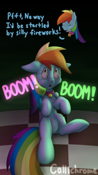 Size: 2160x3840 | Tagged: safe, alternate version, artist:callichrome, derpibooru import, rainbow dash, pegasus, pony, g4, bell, bell collar, collar, cute, dashabetes, eye reflection, female, fireworks, folded wings, happy new year, holiday, night, outdoors, pet, pet play, pet-dash, pony pet, reflection, scared, signature, solo, text, wings