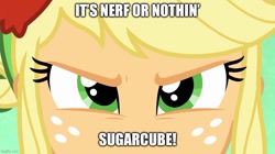 Size: 888x499 | Tagged: safe, derpibooru import, applejack, equestria girls, friendship games, g4, caption, close-up, image macro, nerf, nerf or nothin, text