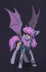 Size: 2000x3065 | Tagged: safe, artist:koviry, derpibooru import, oc, oc only, oc:scheadar, bat pony, pony, ahoge, bat pony oc, bracelet, clothes, colored wings, commission, cutiemarking, denim, denim jacket, ear fluff, ear piercing, ear tufts, earring, ears, eye clipping through hair, eyelashes, female, female oc, golden eyes, gray coat, high res, jacket, jewelry, mare oc, narrowed eyes, piercing, purple mane, purple tail, rolled up sleeves, shiny mane, shiny tail, slit eyes, smiling, solo, spread wings, tail, tattoo, three quarter view, two toned wings, wings