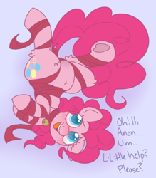 Size: 700x800 | Tagged: safe, artist:php193, derpibooru import, pinkie pie, earth pony, pony, g4, belly, belly button, blushing, chubby, cute, embarrassed, female, frog (hoof), funny, implied anon, looking at you, mare, offscreen character, open mouth, open smile, ribbon, silly, smiling, solo, tangled up, thighs, underhoof