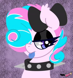 Size: 1929x2048 | Tagged: safe, artist:allicoot, derpibooru import, oc, oc only, oc:sweetie swirl, bat pony, bat pony oc, blue tongue, bored, bow, bust, choker, collar, ear fluff, ears, eyelashes, eyeshadow, femboy, goth, hair bow, hair over one eye, makeup, male, multicolored hair, portrait, spiked choker, spiked collar, tongue, tongue out