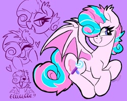 Size: 2048x1618 | Tagged: safe, artist:allicoot, derpibooru import, oc, oc only, oc:sweetie swirl, bat pony, bat pony oc, blushing, ear fluff, ears, eeee, eyelashes, fangs, femboy, hair over one eye, happy, heart, male, multicolored hair, sketch, text