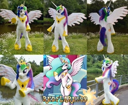 Size: 1280x1048 | Tagged: safe, artist:atalonthedeer, derpibooru import, princess celestia, alicorn, g4, fursuit, grass, hoof shoes, hug, irl, jewelry, multiple views, outdoors, photo, ponysuit, raised arm, regalia, solo, spread wings, wings