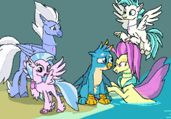 Size: 359x250 | Tagged: safe, artist:mokaevans, derpibooru import, gallus, ocean flow, silverstream, sky beak, terramar, classical hippogriff, griffon, hippogriff, seapony (g4), g4, beach, family, fanfic, fanfic art, fanfic cover, female, fins, flying, folded wings, group, jewelry, lidded eyes, male, mount aris, necklace, open mouth, open smile, sitting, smiling, spread wings, water, wings