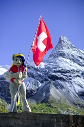 Size: 2735x4096 | Tagged: safe, artist:atalonthedeer, artist:camillebunbun, artist:eaglefly_, derpibooru import, oc, oc only, oc:eagle fly, clothes, fursuit, irl, mountain, outdoors, photo, ponysuit, scenery, scenery porn, swiss flag, vest