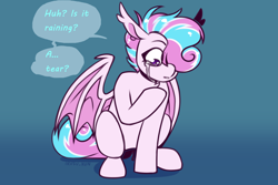 Size: 3000x2000 | Tagged: safe, artist:lrusu, derpibooru import, oc, oc only, oc:sweetie swirl, bat pony, bat pony oc, crying, ear fluff, ears, eyelashes, femboy, gradient background, hair over one eye, male, multicolored hair, sitting, solo, speech bubble, surprised, text