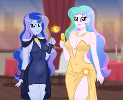 Size: 6160x4999 | Tagged: safe, artist:jennieoo, derpibooru import, princess celestia, princess luna, principal celestia, vice principal luna, human, equestria girls, g4, adult, alcohol, bare shoulders, beautiful, beautisexy, big breasts, blurry background, breast size difference, breasts, champagne, cleavage, clothes, cup, dress, duo, duo female, female, females only, glass, happy new year, height difference, holiday, indoors, jewelry, lipstick, long hair, looking at you, makeup, multicolored hair, new year 2025, new years eve, night dress, princess balloona, princess breastia, reasonably sized breasts, sexy, smiling, smiling at you, sparkler (firework), stupid sexy celestia, stupid sexy princess luna, thin, two toned hair, wavy hair, wine