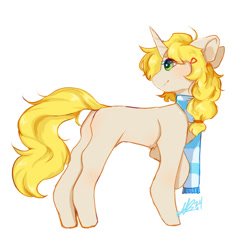 Size: 1100x1100 | Tagged: safe, artist:sleepiiistreets, derpibooru import, oc, oc:coppertone, unicorn, fanfic:compatī, clothes, concave belly, hairclip, horn, missing cutie mark, scarf, simple background, unicorn oc, white background