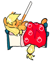 Size: 799x947 | Tagged: safe, artist:poniesinmyhead, derpibooru import, applejack, earth pony, pony, g4, bed, cigarette, eyes closed, mouth hold, simple background, smiling, solo, toy interpretation, white background