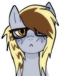 Size: 752x890 | Tagged: safe, artist:poniesinmyhead, derpibooru import, derpy hooves, pegasus, pony, g4, :<, blonde, blonde mane, brown mane, bust, coontails, female, glasses, gray coat, mare, portrait, scene hair, scene kid, simple background, solo, two toned mane, white background