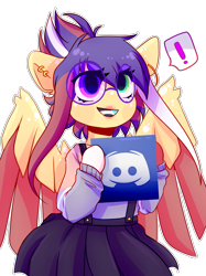 Size: 1424x1900 | Tagged: safe, artist:amiicommissions, derpibooru import, oc, oc:cookie, anthro, pegasus, clothes, colored wings, discord (program), glasses, heterochromia, shirt, simple background, skirt, solo, transparent background, two toned wings, wings