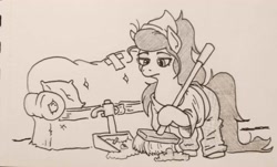 Size: 3117x1883 | Tagged: safe, artist:jargon scott, derpibooru import, oc, oc only, earth pony, pony, broom, clothes, dirt, dustpan, earth pony oc, female, grayscale, hoof hold, maid, monochrome, pillow, sofa, solo, sweeping, traditional art