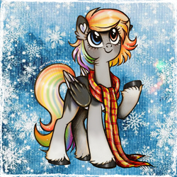 Size: 1500x1500 | Tagged: safe, artist:dariarchangel, derpibooru import, oc, oc only, oc:buvany, pegasus, pony, g4, adorable face, black hooves, c:, clothes, coat markings, colored ears, colored wings, cute, cute face, cute smile, ear fluff, ears, female, female oc, folded wings, freckles, gradient legs, gray coat, heart ears, heterochromia, leg fluff, long scarf, long tail, looking up, mare oc, multicolored hair, multicolored mane, multicolored tail, multicolored wings, ocbetes, passepartout, pegasus oc, pony oc, raised hoof, raised leg, scarf, short hair, short mane, smiling, snow, snowflake, solo, standing, standing on three hooves, tail, traditional art, unshorn fetlocks, wings