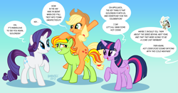 Size: 1975x1035 | Tagged: safe, artist:hornbuckle, derpibooru import, applejack, discord, rarity, twilight sparkle, twilight sparkle (alicorn), oc, oc:goldrush, alicorn, draconequus, earth pony, pony, unicorn, g4, blue background, dialogue, fake smile, female, gradient background, grin, horn, human to pony, male to female, mare, open mouth, open smile, ponies riding ponies, post-transformation, raised hoof, raised leg, riding, riding a pony, rule 63, simple background, smiling, species swap, speech bubble, transformation, transformation sequence, transgender transformation