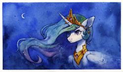 Size: 2810x1656 | Tagged: safe, artist:koviry, derpibooru import, princess celestia, alicorn, pony, g4, border, crescent moon, crown, ear fluff, ears, ethereal mane, eyelashes, female, flowing mane, folded wings, frown, halfbody, horn, jewelry, long horn, long mane, mare, moon, multicolored mane, narrowed eyes, night, outdoors, passepartout, purple eyes, regalia, sky background, slender, solo, sparkles, sparkly mane, thin, tiara, traditional art, unicorn horn, watercolor painting, white coat, wings