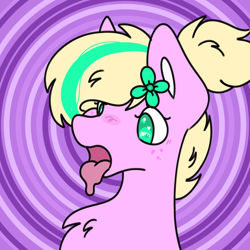 Size: 1280x1280 | Tagged: safe, artist:emeraldthepony, artist:starbite444, derpibooru import, oc, oc only, oc:emerald bubble, earth pony, pony, blushing, bust, chest fluff, flower, flower in hair, freckles, open mouth, ponytail, purple background, simple background, solo, tongue, tongue out, two toned mane