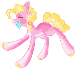 Size: 1443x1323 | Tagged: safe, artist:fuckomcfuck, derpibooru import, oc, oc only, oc:pink lemonade, earth pony, pony, ><, coat markings, colored eartips, colored hooves, colored tongue, countershading, cyan tongue, eyes closed, facial markings, female, hooves, mare, not pinkie pie, pale belly, ponytail, simple background, snip (coat marking), socks (coat marking), solo, tongue, tongue out, unshorn fetlocks, white background