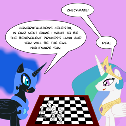 Size: 900x900 | Tagged: safe, artist:kitsune the fox, derpibooru import, applejack, fluttershy, nightmare moon, pinkie pie, princess celestia, rainbow dash, rarity, twilight sparkle, alicorn, g4, chess, chess piece, chessboard, female, mane six, speech bubble