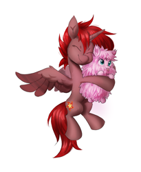 Size: 1512x1844 | Tagged: safe, artist:khvorost162, derpibooru import, oc, oc:fluffle puff, oc:hardy, alicorn, earth pony, pony, :p, eyes closed, female, full body, hug, male, mare, simple background, smiling, smol, spread wings, stallion, tongue, tongue out, white background, wings