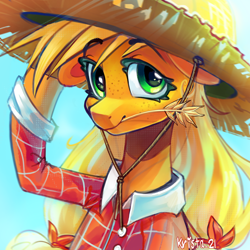 Size: 2100x2100 | Tagged: safe, artist:krista-21, derpibooru import, applejack, earth pony, g4, applebetes, bow, clothes, cute, food, freckles, hair bow, hat, hoof hold, jackabetes, looking at you, plaid shirt, raised hoof, raised leg, shirt, smiling, smiling at you, solo, straw hat, straw in mouth, wheat