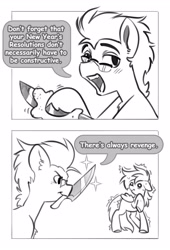 Size: 2700x3977 | Tagged: safe, artist:opalacorn, derpibooru import, rainbow dash, oc, oc:cinnamon quartz, earth pony, pegasus, pony, g4, 2 panel comic, black and white, comic, commission, dialogue, duo, duo male and female, ears, female, floppy ears, frown, glasses, grayscale, knife, lidded eyes, male, mare, monochrome, mouth hold, new year, open mouth, open smile, smiling, sparkles, speech bubble, stallion, sweat