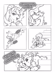 Size: 2912x3844 | Tagged: safe, artist:opalacorn, derpibooru import, oc, oc only, oc:nine the divine, pony, unicorn, black and white, chest fluff, circling stars, comic, commission, dialogue, dizzy, dizzy eyes, falling downstairs, female, grayscale, heart, heart eyes, horn, jewelry, lidded eyes, looking at you, mare, monochrome, necklace, open mouth, open smile, smiling, smiling at you, solo, speech bubble, stairs, talking to viewer, wingding eyes