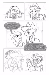 Size: 2691x4096 | Tagged: safe, artist:opalacorn, derpibooru import, apple bloom, applejack, granny smith, earth pony, pony, g4, apple sisters, black and white, christianity, comic, cross-popping veins, dialogue, emanata, female, filly, floating heart, foal, frown, gravestone, grayscale, heart, hug, implied pear butter, mare, monochrome, narrowed eyes, open mouth, open smile, siblings, simple background, sisters, smiling, speech bubble, teary eyes, walker, white background