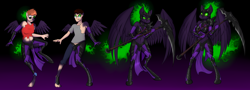 Size: 5000x1800 | Tagged: safe, artist:tomek1000, derpibooru import, oc, oc only, alicorn, anthro, bat pony, human, unguligrade anthro, armor, duo, fantasy class, female, gradient background, high res, human to anthro, male, multeity, scythe, species swap, surprised, transformation, transgender transformation, twinning, warrior, weapon