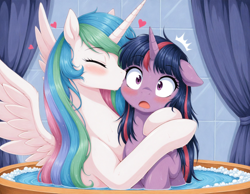 Size: 1728x1344 | Tagged: safe, ai content, derpibooru import, part of a series, part of a set, princess celestia, twilight sparkle, unicorn twilight, alicorn, pony, unicorn, series:most faithful toy, g4, ai composition, bath, bathing together, blushing, curtains, cute, duo, duo female, ears, eyebrows, eyebrows visible through hair, eyes closed, female, floating heart, floppy ears, foam, generator:zoinksnoob, heart, horn, hug, indoors, kiss on the cheek, kissing, lesbian, mare, missing accessory, multicolored hair, open mouth, prompter:tyto4tme4l, shipping, spread wings, surprise kiss, surprised, tiles, twilestia, water, wet, wet mane, wide eyes, wings