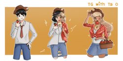 Size: 2400x1200 | Tagged: safe, artist:tao-tg, derpibooru import, applejack, human, equestria girls, g4, apple, applejack's hat, basket, clothes, cowboy hat, element of honesty, female, flannel, food, hat, jewelry, male, male to female, mouth hold, necklace, passepartout, rule 63, transformation, transformation sequence, transforming clothes, transgender transformation