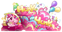 Size: 7179x3724 | Tagged: safe, artist:cutepencilcase, derpibooru import, pinkie pie, earth pony, pony, g4, absurd resolution, balloon, bumper sticker, car, simple background, solo, transparent background