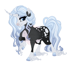 Size: 4218x3717 | Tagged: safe, artist:gigason, derpibooru import, oc, oc only, oc:fantasm fatale, pony, unicorn, g4, adoptable, adult blank flank, bald face, black coat, blank flank, blaze (coat marking), blue eyes, blue hooves, blue mane, blue pupils, blue tail, coat markings, colored, colored belly, colored eyebrows, colored head, colored hooves, colored horn, colored pinnae, colored pupils, curved horn, eye markings, eyebrows, eyebrows visible through hair, eyelashes, facial markings, female, female oc, fetlock tuft, flat colors, gradient background, gradient coat, gradient hooves, gradient mane, gradient tail, high res, hooves, horn, lidded eyes, long feather, long fetlocks, long mane, long tail, looking back, mare, mare oc, offspring, pale belly, parent:rarity, parent:thunderlane, parents:rarilane, raised hoof, raised leg, simple background, smiling, solo, spots, standing, standing on three hooves, striped horn, striped mane, striped tail, tail, thick eyelashes, three quarter view, transparent background, two toned mane, two toned tail, unicorn horn, unicorn oc, wavy mane, wavy tail